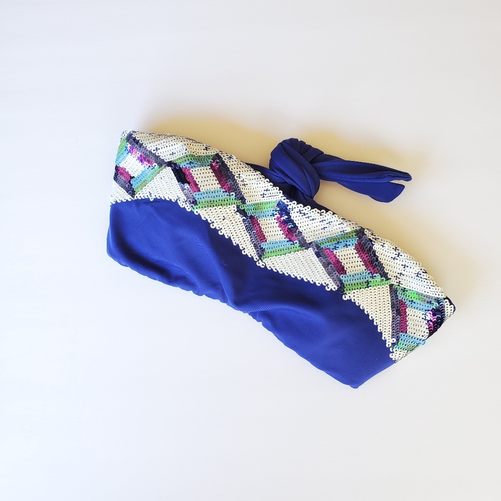 Victoria's Secret Blue Sequin M Bikini Top Tie Back Tube Top